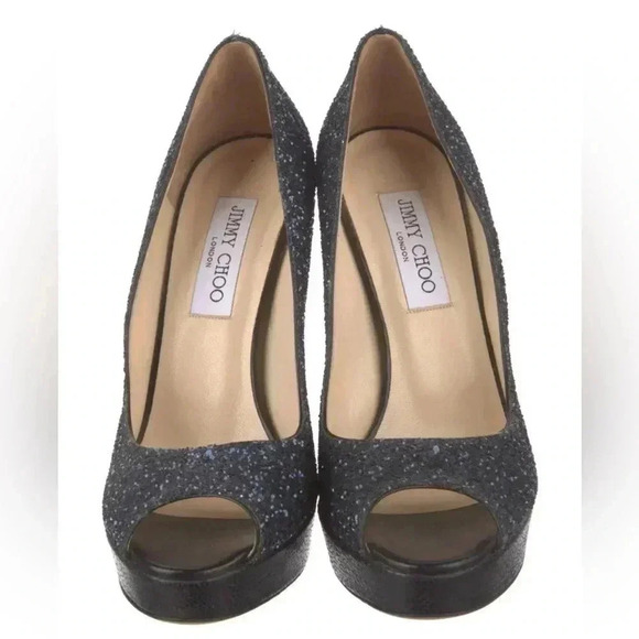 EUC Jimmy Choo Navy Glitter Luna Peep Toe Platform Stilettos Sz. 38.5 / US 8 - Picture 4 of 6